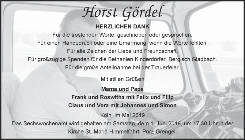  Traueranzeige für Horst Gördel vom 22.05.2019 aus  Kölner Wochenspiegel 