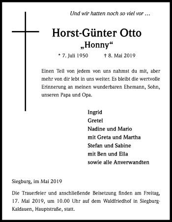 Anzeige von Horst-Günter Otto von Kölner Stadt-Anzeiger / Kölnische Rundschau / Express