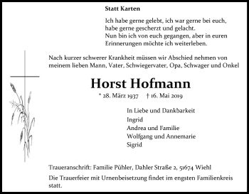 Anzeige von Horst Hofmann von Kölner Stadt-Anzeiger / Kölnische Rundschau / Express