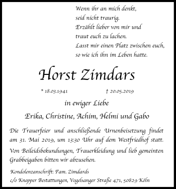 Anzeige von Horst Zimdars von Kölner Stadt-Anzeiger / Kölnische Rundschau / Express