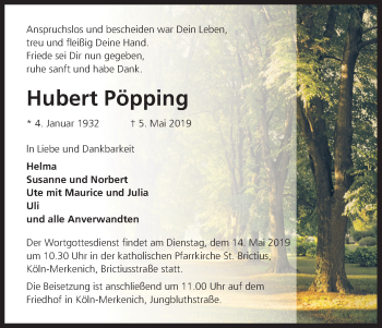 Anzeige von Hubert Pöpping von Kölner Stadt-Anzeiger / Kölnische Rundschau / Express