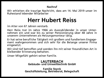 Anzeige von Hubert Reiss von Kölner Stadt-Anzeiger / Kölnische Rundschau / Express