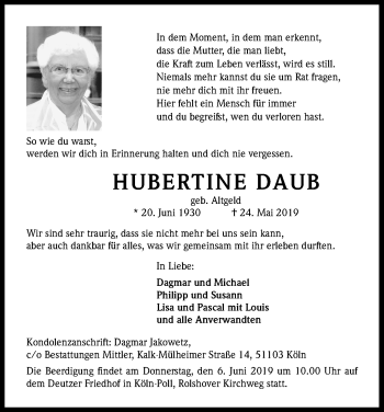 Anzeige von Hubertine Daub von Kölner Stadt-Anzeiger / Kölnische Rundschau / Express