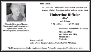 Anzeige von Hubertine Riffeler von  Sonntags-Post 