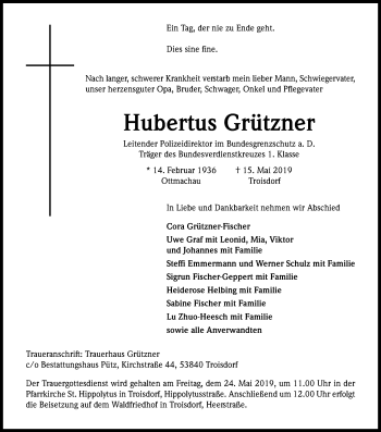 Anzeige von Hubertus Grützner von Kölner Stadt-Anzeiger / Kölnische Rundschau / Express