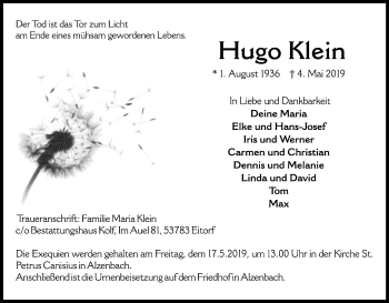Anzeige von Hugo Klein von Kölner Stadt-Anzeiger / Kölnische Rundschau / Express