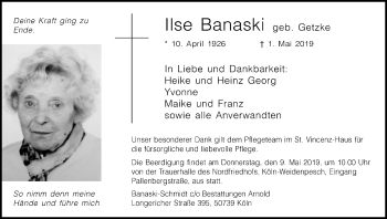 Anzeige von Ilse Banaski von Kölner Stadt-Anzeiger / Kölnische Rundschau / Express