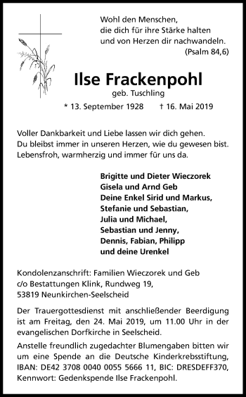 Anzeige von Ilse Frackenpohl von Kölner Stadt-Anzeiger / Kölnische Rundschau / Express