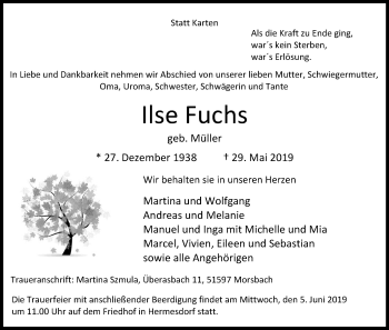 Anzeige von Ilse Fuchs von Kölner Stadt-Anzeiger / Kölnische Rundschau / Express