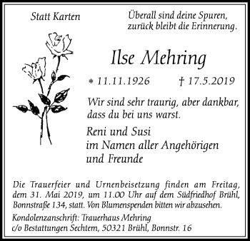 Anzeige von Ilse Mehring von Kölner Stadt-Anzeiger / Kölnische Rundschau / Express