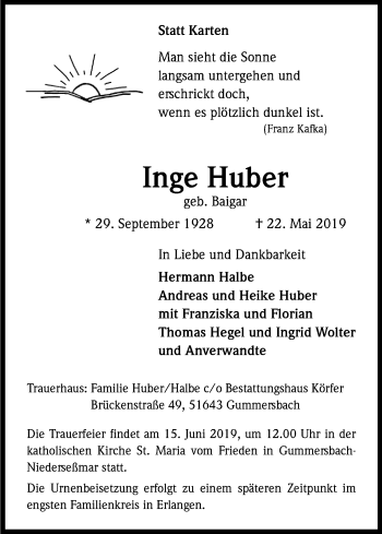 Anzeige von Inge Huber von Kölner Stadt-Anzeiger / Kölnische Rundschau / Express