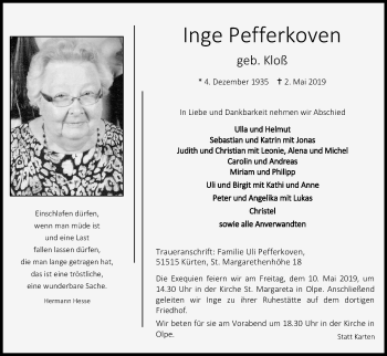 Anzeige von Inge Pefferkoven von Kölner Stadt-Anzeiger / Kölnische Rundschau / Express