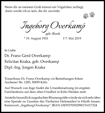 Anzeige von Ingeborg Overkamp von Kölner Stadt-Anzeiger / Kölnische Rundschau / Express