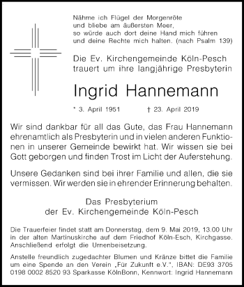 Anzeige von Ingrid Hannemann von Kölner Stadt-Anzeiger / Kölnische Rundschau / Express