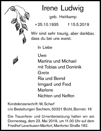Anzeige von Irene Ludwig von Kölner Stadt-Anzeiger / Kölnische Rundschau / Express