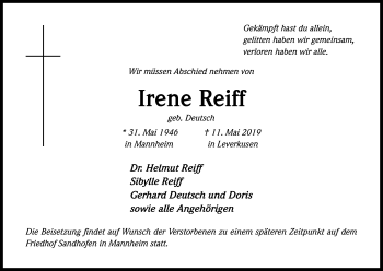 Anzeige von Irene Reiff von Kölner Stadt-Anzeiger / Kölnische Rundschau / Express