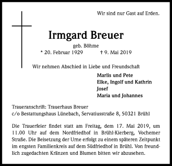 Anzeige von Irmgard Breuer von Kölner Stadt-Anzeiger / Kölnische Rundschau / Express
