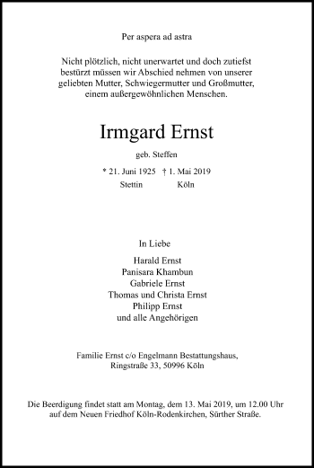 Anzeige von Irmgard Ernst von Kölner Stadt-Anzeiger / Kölnische Rundschau / Express