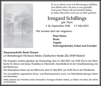 Anzeige von Irmgard Schillings von  Sonntags-Post 