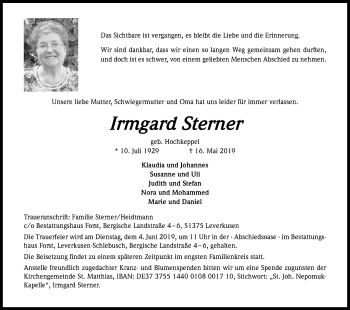 Anzeige von Irmgard Sterner von Kölner Stadt-Anzeiger / Kölnische Rundschau / Express