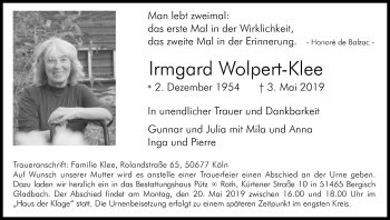 Anzeige von Irmgard Wolpert-Klee von Kölner Stadt-Anzeiger / Kölnische Rundschau / Express
