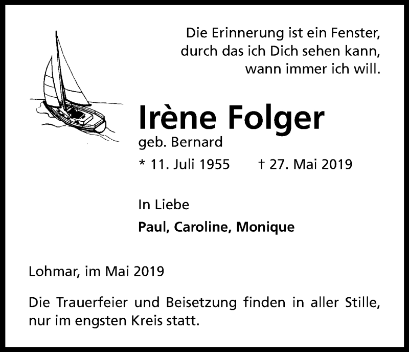  Traueranzeige für Irène Folger vom 01.06.2019 aus Kölner Stadt-Anzeiger / Kölnische Rundschau / Express
