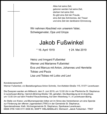 Anzeige von Jakob Fußwinkel von Kölner Stadt-Anzeiger / Kölnische Rundschau / Express