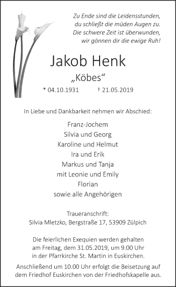 Anzeige von Jakob Henk von  Blickpunkt Euskirchen 