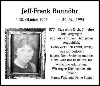 Anzeige von Jeff-Frank Bonnöhr von Kölner Stadt-Anzeiger / Kölnische Rundschau / Express