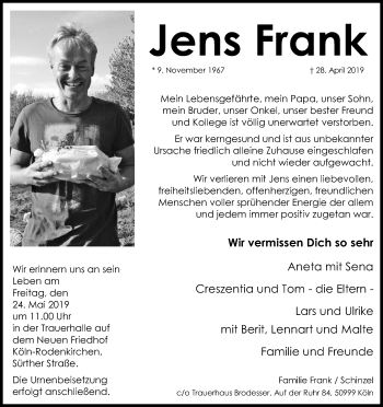 Anzeige von Jens Frank von Kölner Stadt-Anzeiger / Kölnische Rundschau / Express