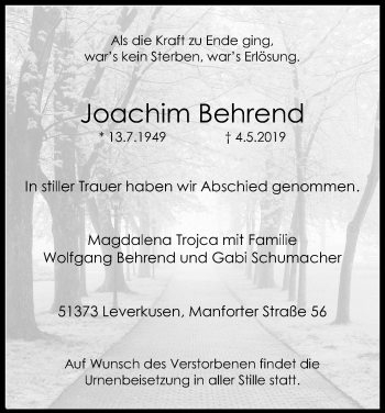 Anzeige von Joachim Behrend von Kölner Stadt-Anzeiger / Kölnische Rundschau / Express