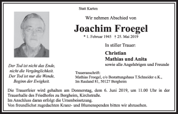 Anzeige von Joachim Froegel von  Sonntags-Post 