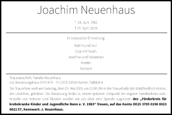 Anzeige von Joachim Neuenhaus von Kölner Stadt-Anzeiger / Kölnische Rundschau / Express