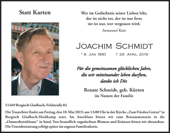 Anzeige von Joachim Schmidt von Kölner Stadt-Anzeiger / Kölnische Rundschau / Express