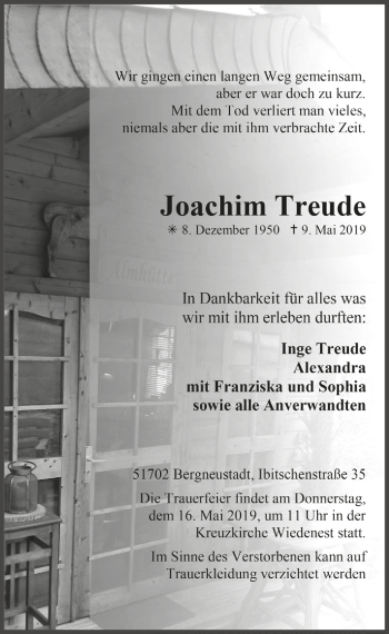 Anzeige von Joachim Treude von  Anzeigen Echo 