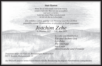 Anzeige von Joachim Zehe von  Werbepost 