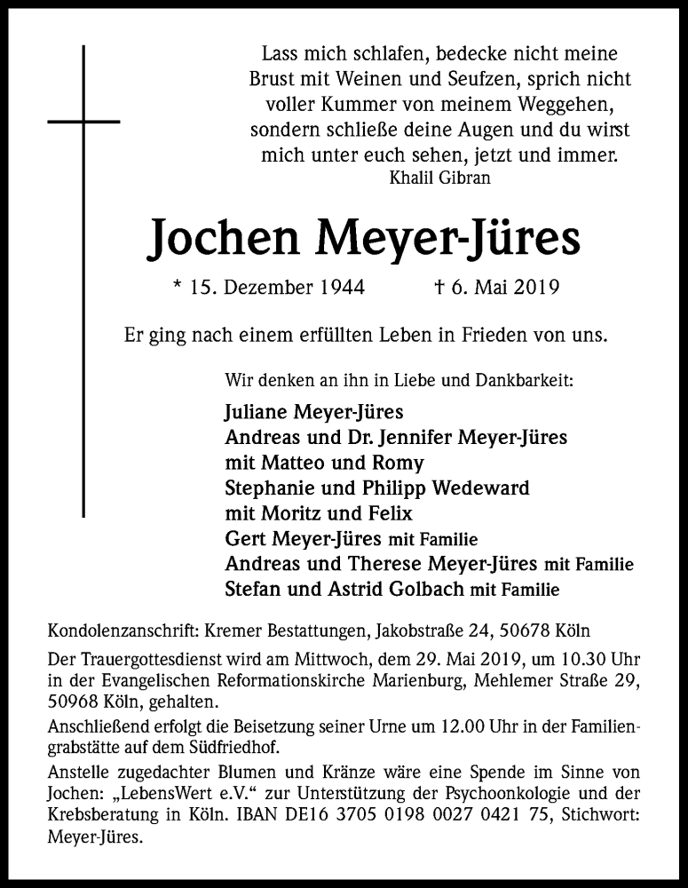  Traueranzeige für Jochen Meyer-Jüres vom 22.05.2019 aus Kölner Stadt-Anzeiger / Kölnische Rundschau / Express