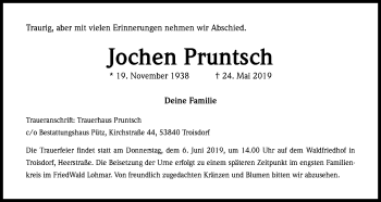 Anzeige von Jochen Pruntsch von Kölner Stadt-Anzeiger / Kölnische Rundschau / Express