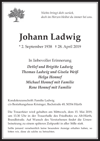 Anzeige von Johann Ladwig von  Wochenende 