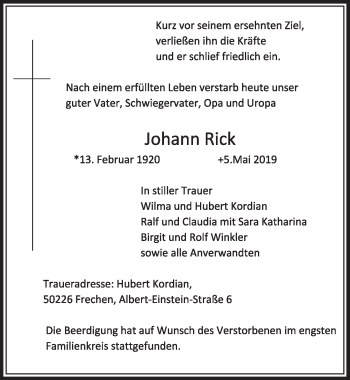 Anzeige von Johann Rick von  Sonntags-Post 