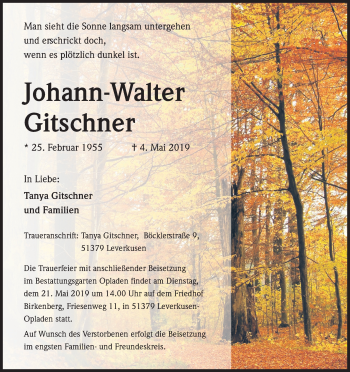 Anzeige von Johann-Walter Gitschner von Kölner Stadt-Anzeiger / Kölnische Rundschau / Express