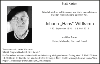 Anzeige von Johann Hans Wittkamp von  Bergisches Sonntagsblatt 