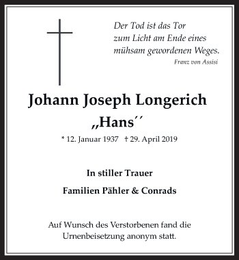 Anzeige von Johann Joseph Longerich von  Wochenende 