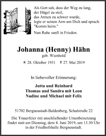 Anzeige von Johanna Hähn von Kölner Stadt-Anzeiger / Kölnische Rundschau / Express