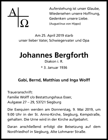 Anzeige von Johannes Bergforth von Kölner Stadt-Anzeiger / Kölnische Rundschau / Express