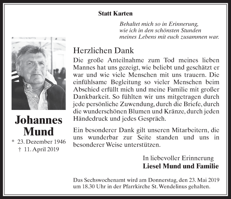  Traueranzeige für Johannes Mund vom 22.05.2019 aus  Wochenende 