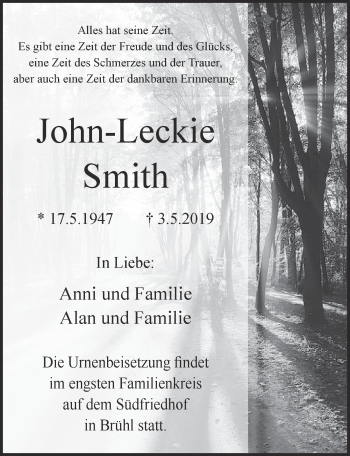 Anzeige von John-Leckie Smith von  Kölner Wochenspiegel 