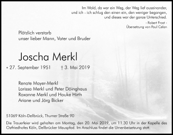 Anzeige von Joscha Merkl von Kölner Stadt-Anzeiger / Kölnische Rundschau / Express