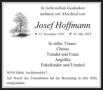 Anzeige von Josef Hoffmann von  Wochenende 