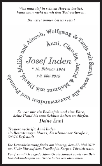 Anzeige von Josef Inden von  Werbepost 